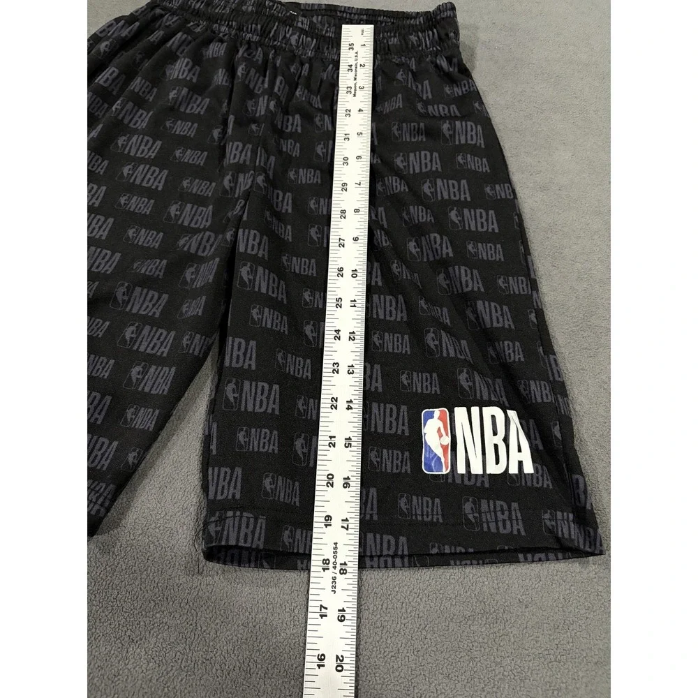 NBA Basketball Shorts Boys L (14-16) Gray Black Logo Allover Print Drawstring